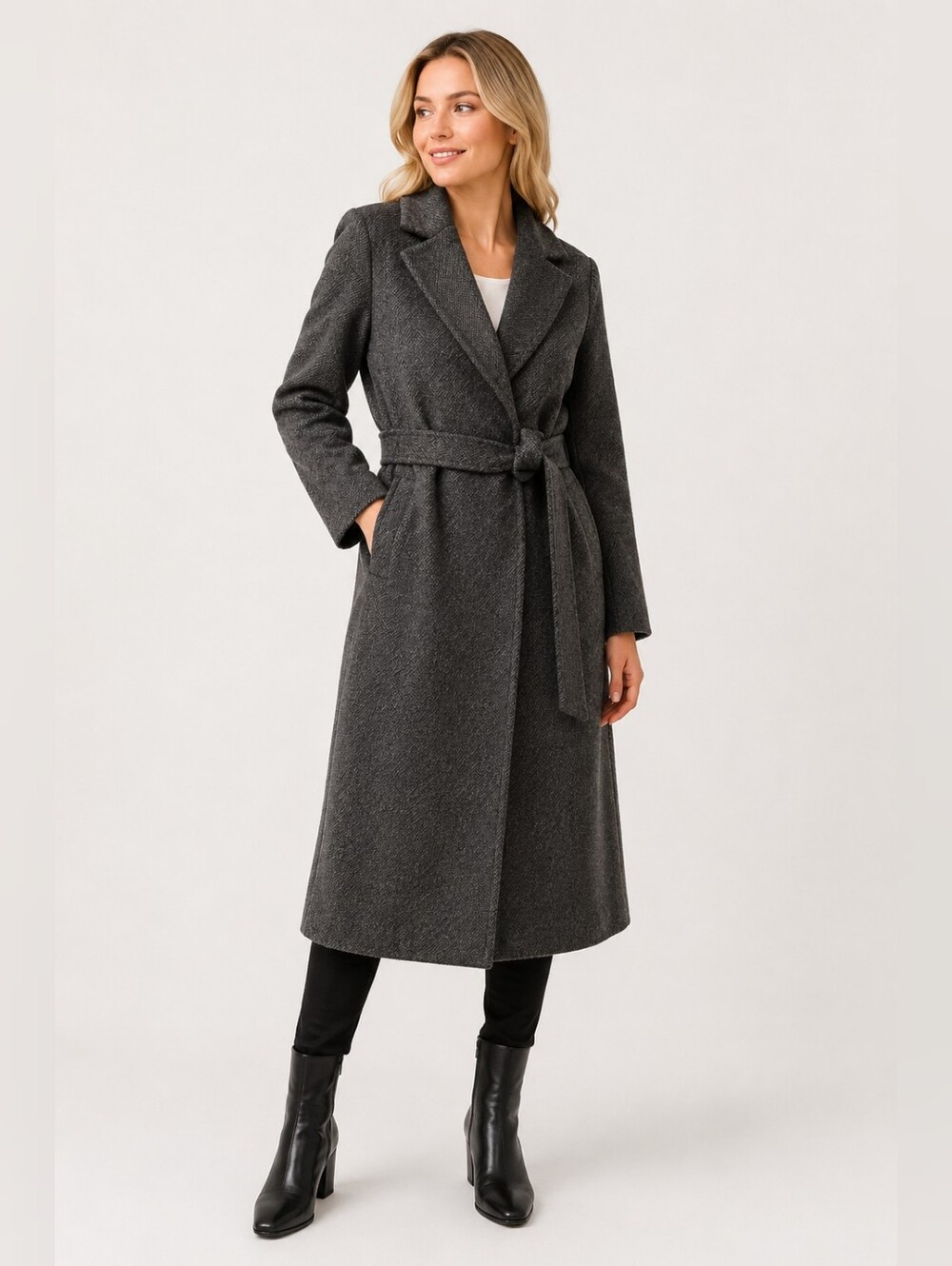 H&M Herringbone Wrap Coat Charcoal Gray Long Sz M Classic